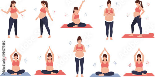 Pregnant Women Yoga and Fitness Illustration Set with Maternity Exercise Poses Meditation and Healthy Pregnancy Lifestyle Vector Collection