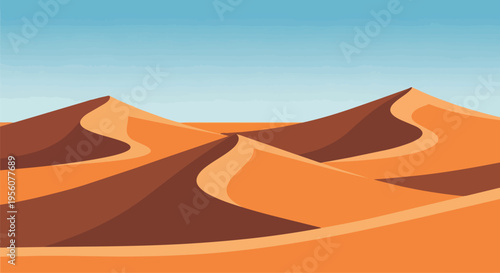 An expansive golden desert panorama featuring magnificent undulating sand dunes under a serene clear blue sky illustrating the immense beauty of