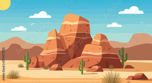 A captivating flat design desert landscape presenting grand, striated sandstone monuments under a brilliant azure sky, complete with iconic cacti