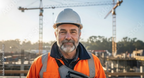 A construction worker wearing an orange safety jacket and a white hard hat on a building site with cranes