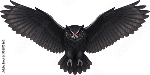 Striking black owl illustration with powerful red eyes and dramatically spread wings, embodying a sense of mystery and nocturnal vigilance. A fierce bird of prey with intense gaze