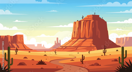 Vibrant desert panorama with majestic mesas and winding dusty trail