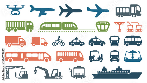 Set of transport icons including planes, trains, cars, and drones, delivery van