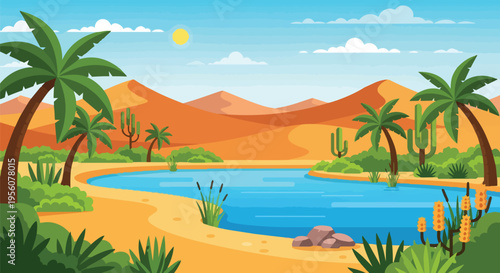 Exquisite animated desert oasis illustration displaying graceful palm trees, a tranquil blue lake, sweeping golden sand dunes, and vibrant desert