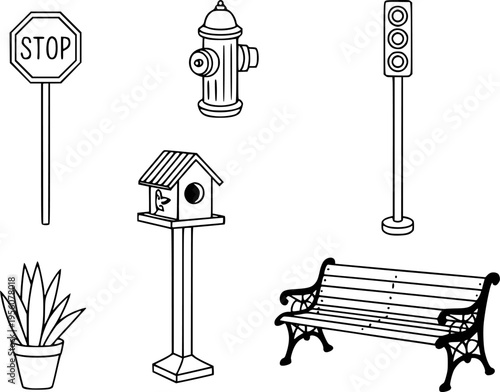Collection of urban and park stop sign traffic light fire hydrant birdhouse bench potted plant