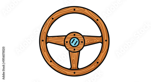Illustration of a classic wooden steering wheel with a central hub