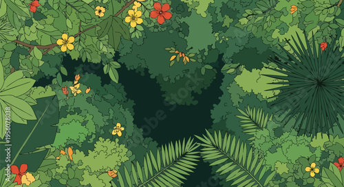 Lush stylized jungle canopy top-down view with vibrant flowering plants and dense green foliage a tranquil natural landscape.