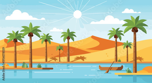 Vibrant desert oasis illustration featuring towering palm trees beside tranquil blue waters with a small boat, sun-drenched sand dunes, and a clear