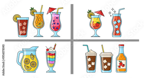 Colorful assortment of illustrated summer drinks and a pitcher of lemonade
