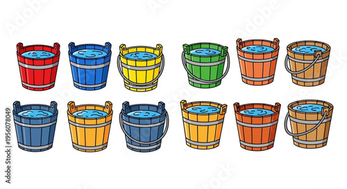 Colorful wooden buckets filled with water arranged in two rows