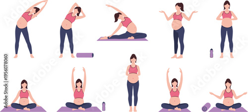 Pregnant Women Yoga Exercise Illustration Set with Maternity Fitness Poses Stretching and Prenatal Wellness Activities for Healthy Pregnancy Vector Collection