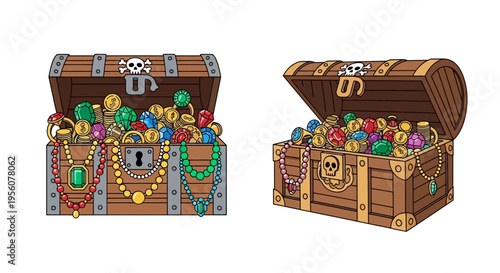 Two wooden treasure chests overflowing with colorful gems and golden coins