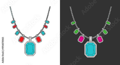 Two elegant necklaces with colorful gemstones displayed on contrasting backgrounds