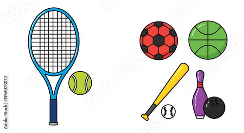 Colorful illustration displaying various sports equipment and spherical balls