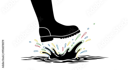 A black boot stepping into a colorful splash of liquid