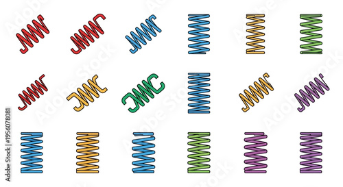 Colorful coiled springs arranged in a grid on a white background
