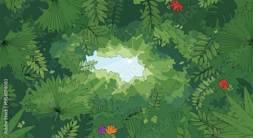 Elevated perspective of a vibrant jungle canopy with radiant sunlight penetrating dense green foliage creating a serene natural vista lush tropical