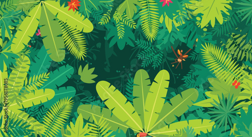 Vibrant tropical jungle canopy illustration showcasing a verdant ecosystem bursting with diverse green foliage, scattered small blossoms and a tiny