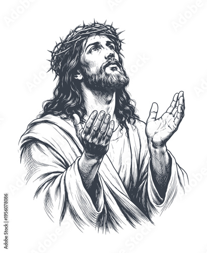 hand drawing illustration of a jesus christ in praying poses devoutly (wears crown of thorn)