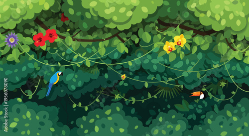 Vibrant cartoon jungle scene showcasing diverse tropical flora and fauna with a blue parrot and a toucan amidst lush green foliage and exotic blossoms