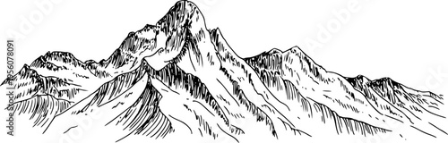 Detailed black and white of a mountain range with sharp peaks and rugged slopes summit