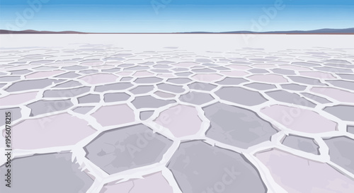 Expansive salt flat landscape under clear blue sky showcasing unique polygonal ground patterns and distant hills