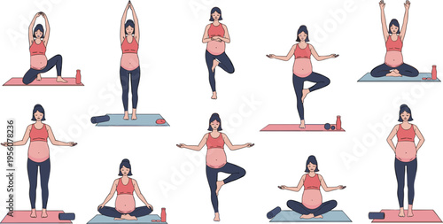 Pregnant Women Yoga Pose Illustration Set with Maternity Fitness Exercises Meditation and Prenatal Wellness Activities for Healthy Pregnancy Vector Collection