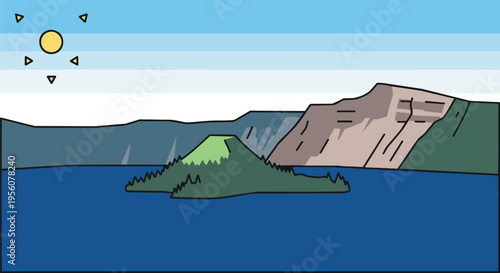 Serene blue waters reflecting a clear sky framing a solitary green island nestled amidst ancient mountainous terrain under a brightly stylized sun,