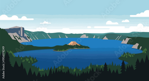 A panoramic flat illustration portraying a deep blue crater lake with a central forested island, encircled by majestic green mountains and cliffs