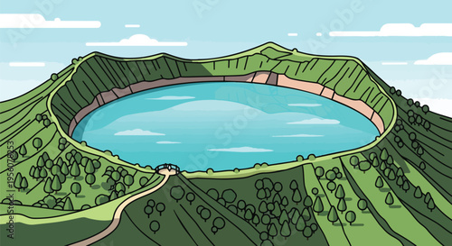 A vibrant cartoon illustration of a serene volcanic crater lake surrounded by lush green hills under a bright sky