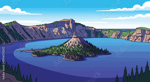 A vibrant animated landscape features a serene blue lake encircled by towering, rugged cliffs. A lush, forested island with a conical peak rises