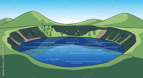 Scenic cartoon crater lake illustration nestled amidst green hills