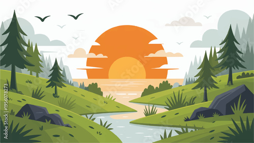 Serene landscape illustration with a sun setting over a calm lake, surrounded by lush green hills and evergreen trees