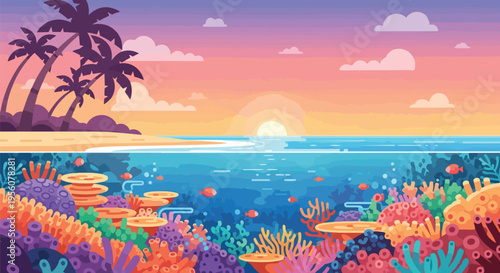 Vibrant tropical sunset over pristine beach with swaying palm trees and a spectacular underwater coral reef teeming with colorful fish, depicting a