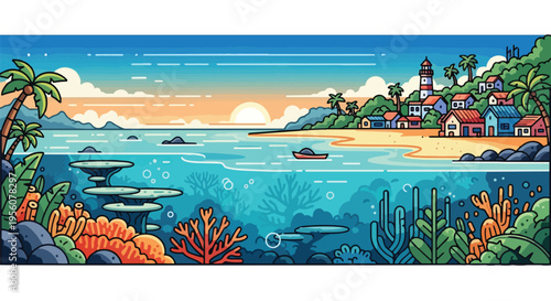 Vibrant tropical coastal scene with underwater reef village and sunset a captivating island panorama showcasing marine life and picturesque homes an