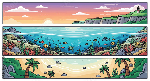 A truly idyllic illustrated panorama showcasing a vibrant tropical coastline a serene underwater reef and a peaceful sandy beach at dusk offering a