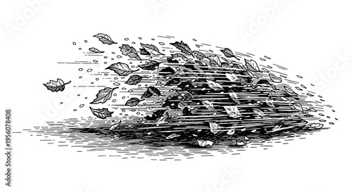 Dynamic Etched Illustration of Autumn Leaves Being Swept into a Pile by a Gust of Wind