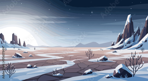 A vast and serene minimalist winter landscape illustration showcasing stark snow-capped peaks a frozen winding river and sparse hardy vegetation