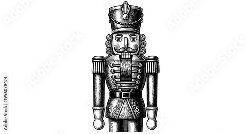 A Classic Black and White Engraving Style Illustration of a Traditional Wooden Nutcracker Soldier Figure on White Background