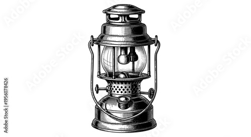 Detailed Vintage Engraving of an Old-Fashioned Kerosene Lantern for Classic Illumination Art