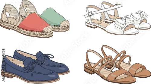 Women summer shoes collection with sandals espadrilles and loafers stylish casual footwear fashion vector illustration set