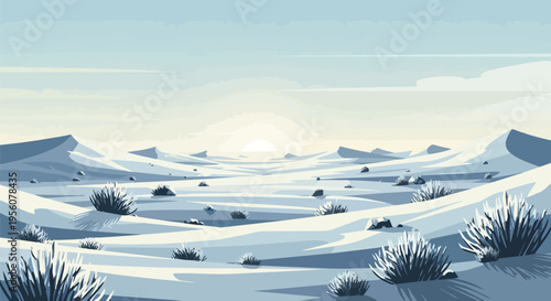 A serene, minimalist desert winterscape at dawn, featuring snow-covered dunes and resilient frosty shrubs under a vast, pale sky. A tranquil