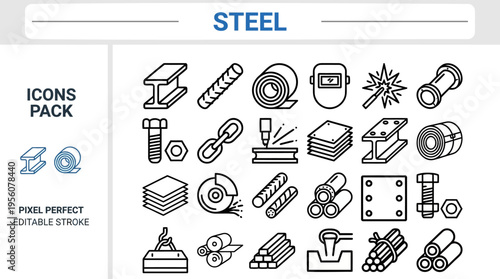 Steel & Industrial Tools Icon Set Pack — Metal Components, Machinery, Tools, Construction, Pixel Perfect Editable Vector