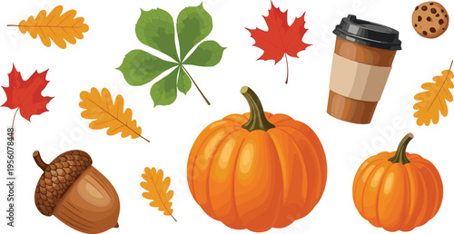 Autumn elements set with pumpkins leaves acorn coffee cup and fall seasonal objects vector illustration collection