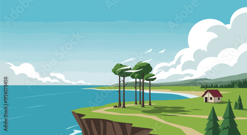Picturesque coastal landscape featuring a small cottage on a cliff overlooking a tranquil blue sea with rolling hills and fluffy clouds