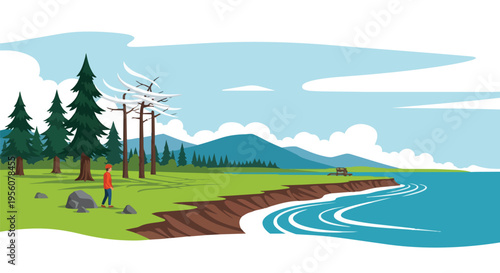 Serene Coastal View with Solitary Hiker Amidst Evergreen Trees and Flowing Waves Beneath an Expansive Sky.