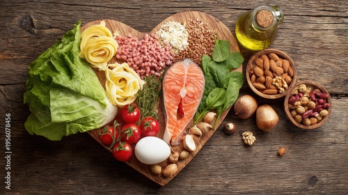 cholesterol. A heart-shaped arrangement of healthy foods on vintage wooden boards, conveying a wholesome diet concept. menu design.