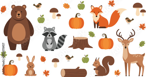Autumn forest animals collection with bear fox deer raccoon squirrel and fall elements cartoon vector illustration set