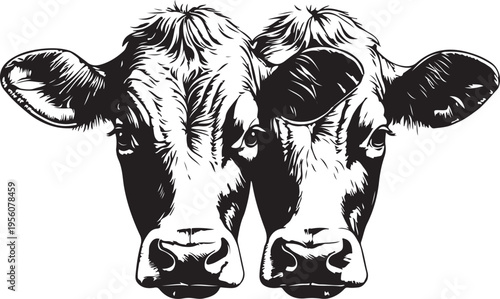 A high contrast black and white stencil illustration featuring the front portraits of two cows