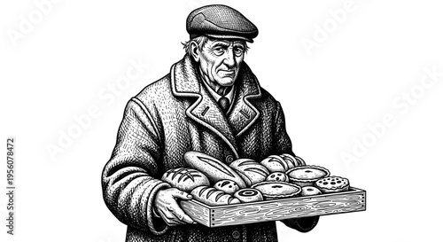 Vintage Linocut Style Illustration of an Elderly Baker or Vendor Holding a Tray of Freshly Baked Goods